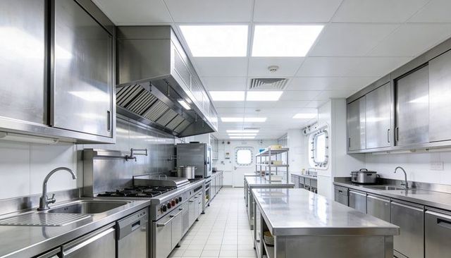 Stainless-steel marine galley kitchen featuring commercial range, vent hood, sink and prep island
