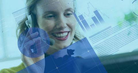 businesswoman using headset with data overlay - Download Free Stock Images Pikwizard.com