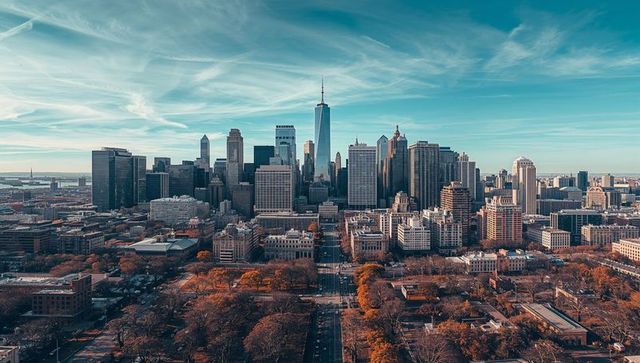 Autumn manhattan skyline featuring one world trade center and tree-lined avenues