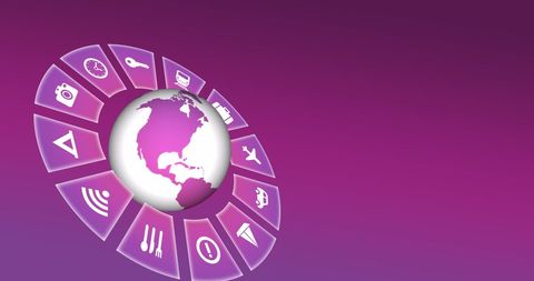 Digital Travel Icons Surrounding Globe on Pink Background