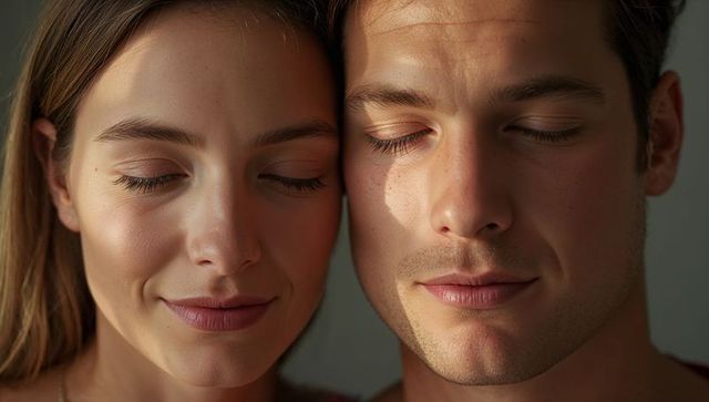 Couple resting heads together, closing eyes and smiling softly, intimate serene portrait