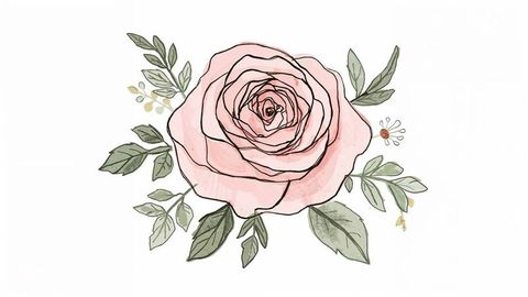 Elegant watercolor illustration of pink rose drawing with green leaves