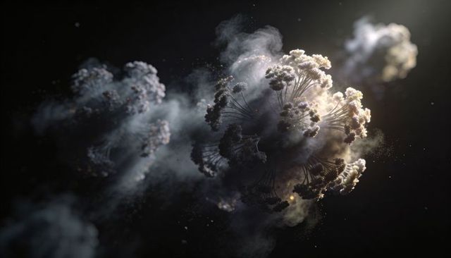 Backlit floating filament cluster emitting vapor and dust, ethereal cosmic nebula composition
