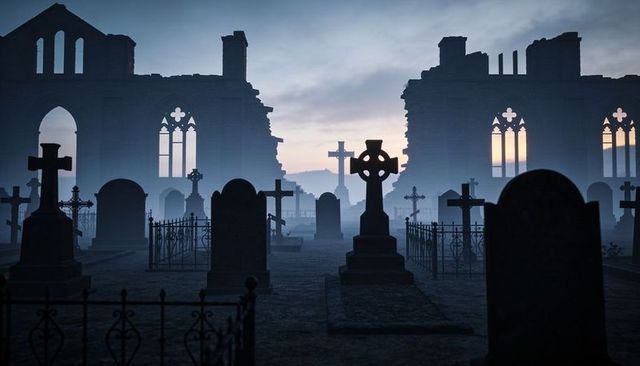 Misty gothic graveyard at dawn with ornate celtic cross and abbey ruins silhouette