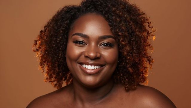 Radiant smiling woman with curly auburn hair, backlit portrait emphasizing natural glow