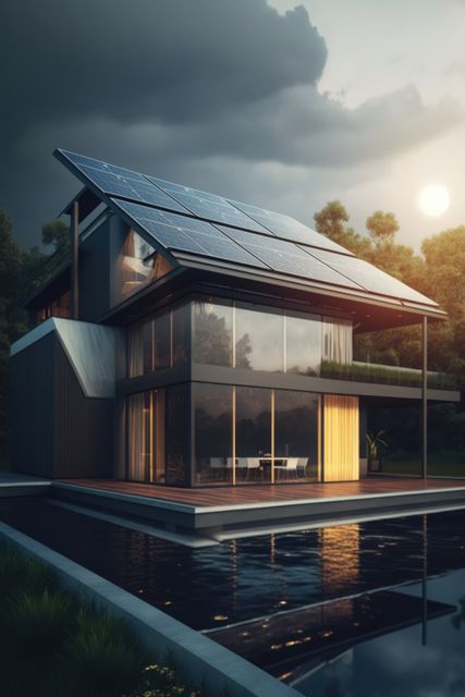 This image is useful for illustrating eco-friendly and sustainable living concepts with its modern house featuring large solar panels and contemporary architecture. Perfect for use in real estate promotions, sustainability blogs, renewable energy websites, architectural magazines, and eco-friendly lifestyle campaigns.