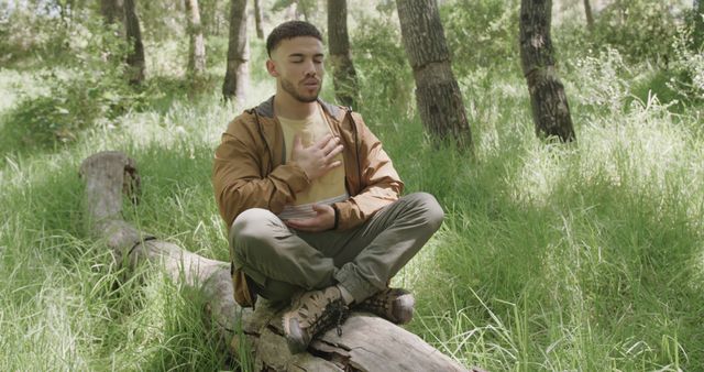 Mindful Man Practicing Yoga Meditation in Forest Environment - Download Free Stock Images Pikwizard.com