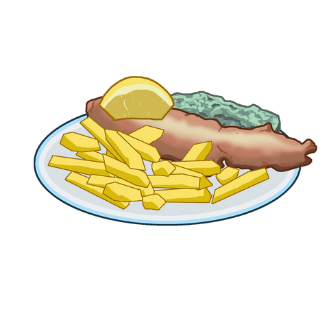 Transparent fish and chips with lemon and pea mash