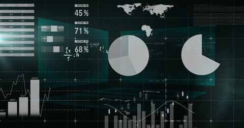 Futuristic data dashboard displaying candlesticks, pie charts, bar graphs and global metrics