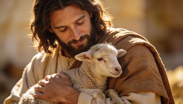 Bearded shepherd holding lamb in golden hour light showing gentle care and devotion