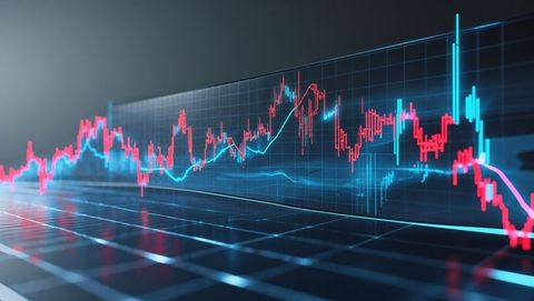 Futuristic financial market chart with red candlesticks and blue line