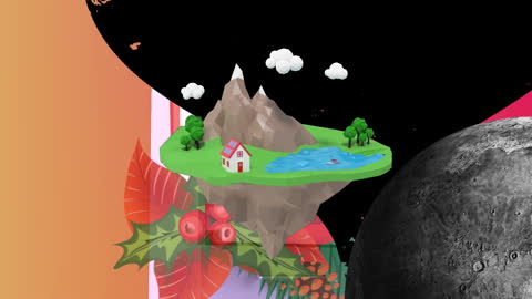 Surreal Floating Island with Countryside House and Lake