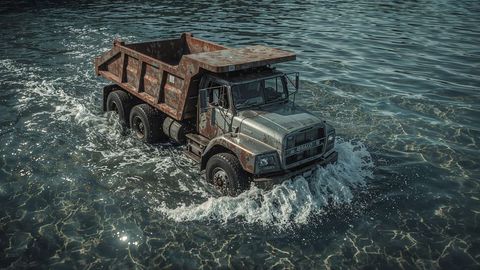 Rusted dumper truck submerging in shallow water