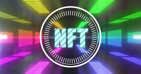 NFT Text in Futuristic Digital Tunnel with Rainbow Light Bars - Download Free Stock Images Pikwizard.com