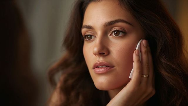 Pressing cotton pad to cheek during evening skincare routine focusing on natural beauty