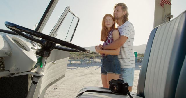 Young Couple Embracing at Beach Near Convertible on Sunny Day - Download Free Stock Images Pikwizard.com