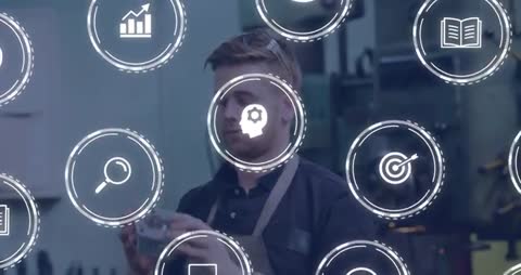 Metalworker Examining Component with Overlayed Technical Icons