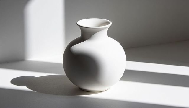 Matte white ceramic vase casting diagonal sunlight and soft oval shadow on tabletop