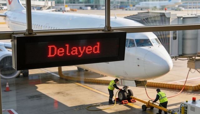 Delayed flight at gate with ground crew servicing nose gear, jetbridge and tarmac operations