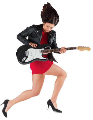 Energetic Woman Playing Electric Guitar on Transparent Background