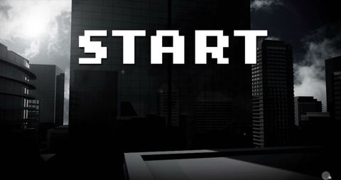 Futuristic start text over dark cityscape silhouette
