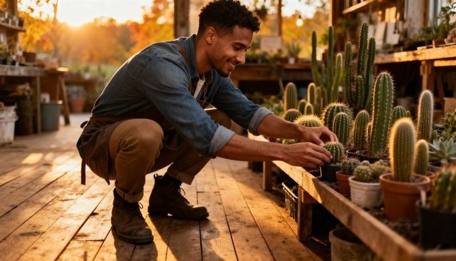 Sunlit nursery worker tending cactus collection on wooden bench at golden hour