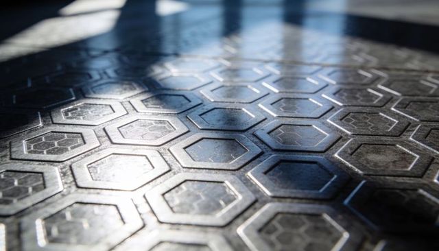 Sunlit hexagonal tile flooring with beveled honeycomb texture and worn industrial look