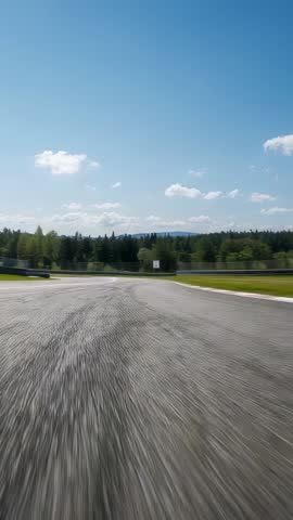 Vertical racecar approaching right-hand bend on asphalt track at high speed