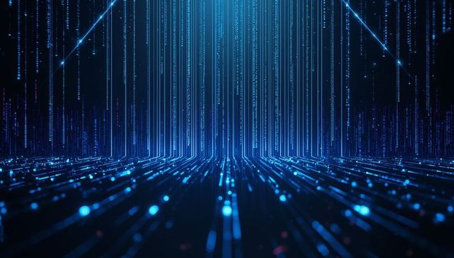 Pulsing Neon Blue Data Tunnel with Vertical Light Columns and Futuristic AI Grid