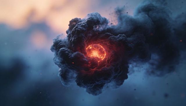 Swirling dark nebula revealing glowing molten core, ember-filled cosmic vortex
