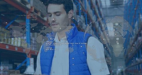 Warehouse worker scanning inventory with digital map overlay for logistics and supply chain