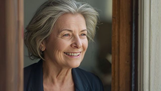 Content senior woman gazing through window smiling with silver hair and soft natural light