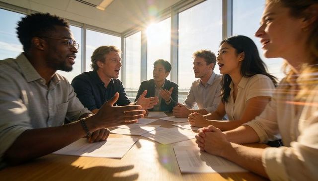 Diverse team discussing strategy around conference table with sunlight and documents