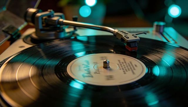 Spinning vinyl record on vintage turntable with tonearm stylus and teal bokeh lighting