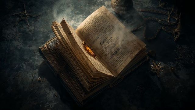 Ancient grimoire resting on stone altar with glowing talisman and smoky ritual atmosphere