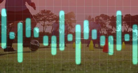 Coach guiding soccer team with vibrant sunset and waveform energy