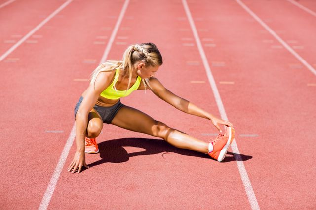 Female athlete warming up on the running track on a sunny day