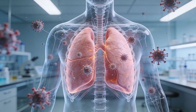 Highlighting transparent torso showing inflamed lungs with viral particles for medical visualization