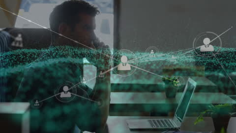Networking Icons Overlay Man Using Smartphone in Modern Office