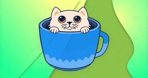 Cartoon Cat Peeking from Blue Mug with Colorful Abstract Background