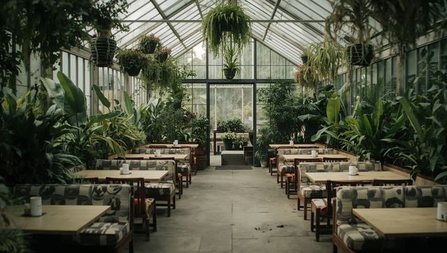 Glasshouse café brimming with tropical plants and hanging ferns, inviting botanical dining