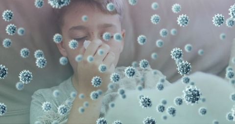 Child experiencing illness with virus graphics overlay