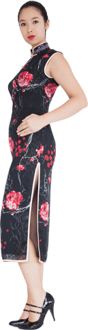 Elegant woman in transparent floral cheongsam dress stand