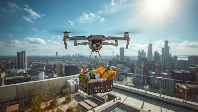 Drone delivering groceries over city rooftop carrying crate of fresh produce and beverages