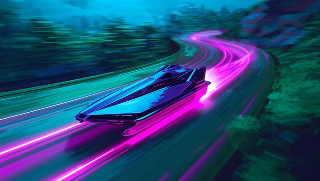 Sleek futuristic hovercraft racing along neon-lit winding road