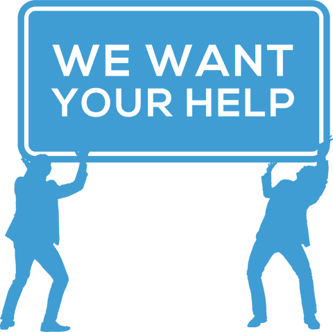 This digital illustration depicts two silhouetted figures holding a sign with the text 'We Want Your Help' on a transparent background. It represents concepts of teamwork, unity, and communication, making it useful for business presentations, team-building promotions, motivational posters, or social media campaigns aimed at garnering support or assistance.