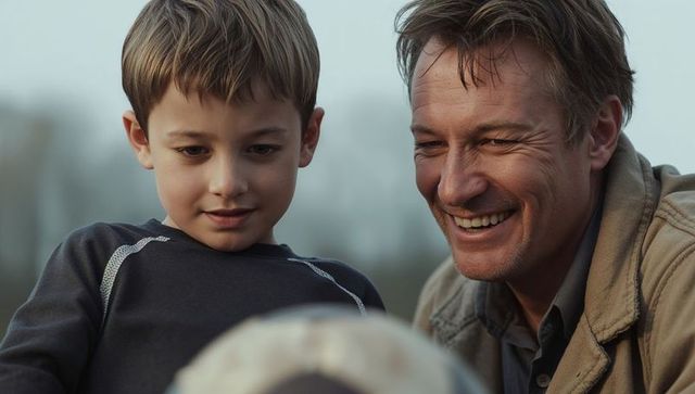 Father and son smiling while examining soccer ball outdoors at park