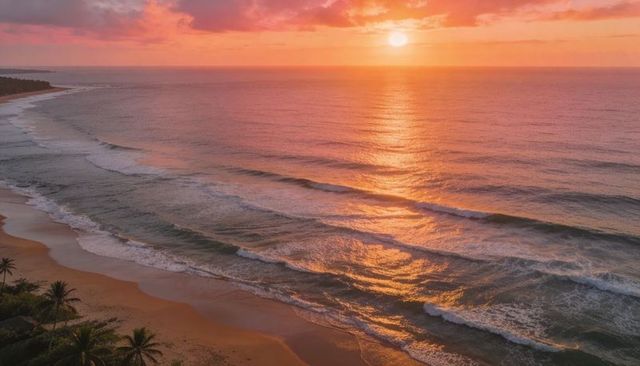 Golden sunset over tropical beach with palm silhouettes and shimmering ocean reflection