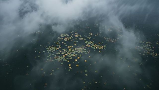 Misty lily pad cluster floating on dark reflective water, aerial minimal nature background