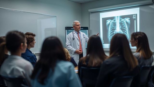 Senior physician presenting chest x-ray to medical trainees during radiology lecture
